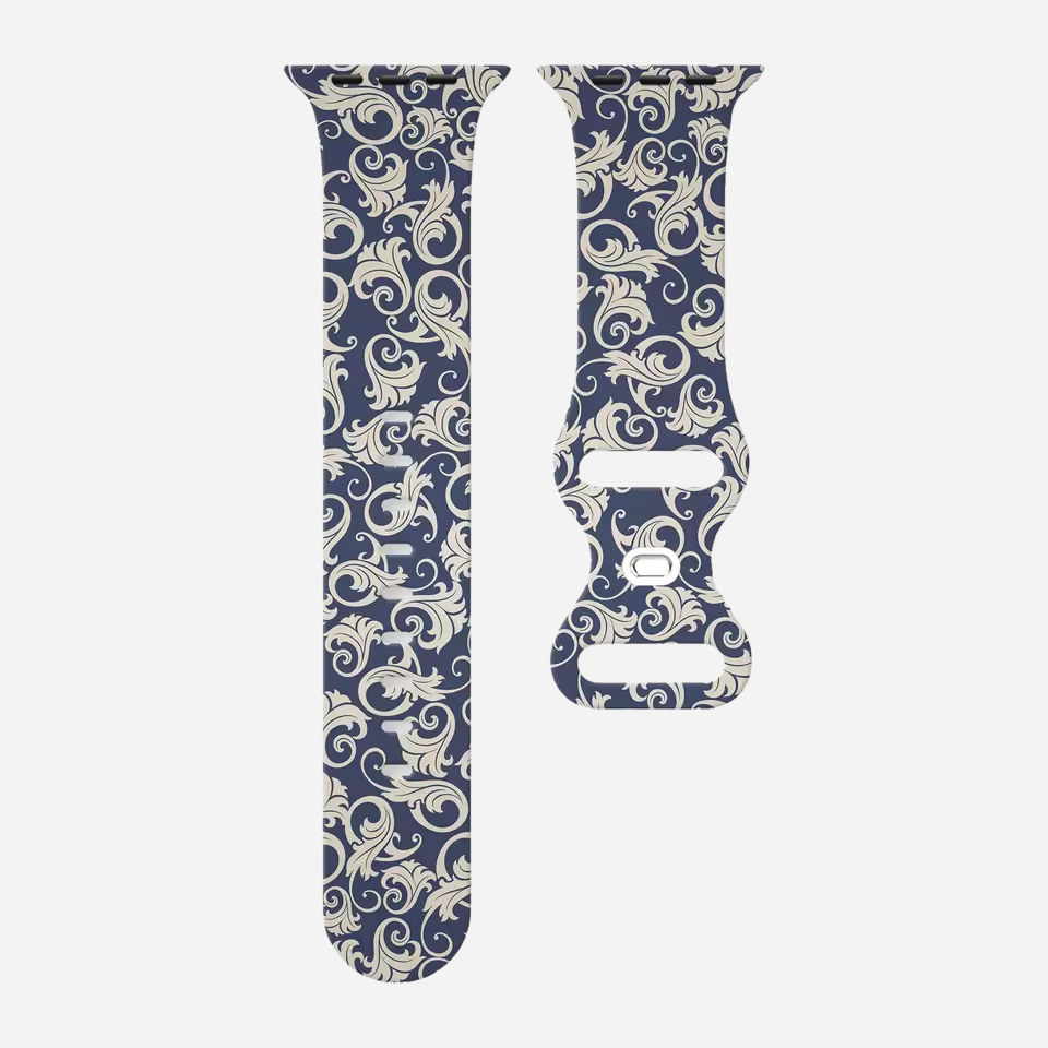Apple Watch Armband im Porzellan-Stil – blau-weiß floral bedrucktes Silikonband – kompatibel mit Series 1–10, SE, Ultra, Ultra 2 – Größen 38–49 mm