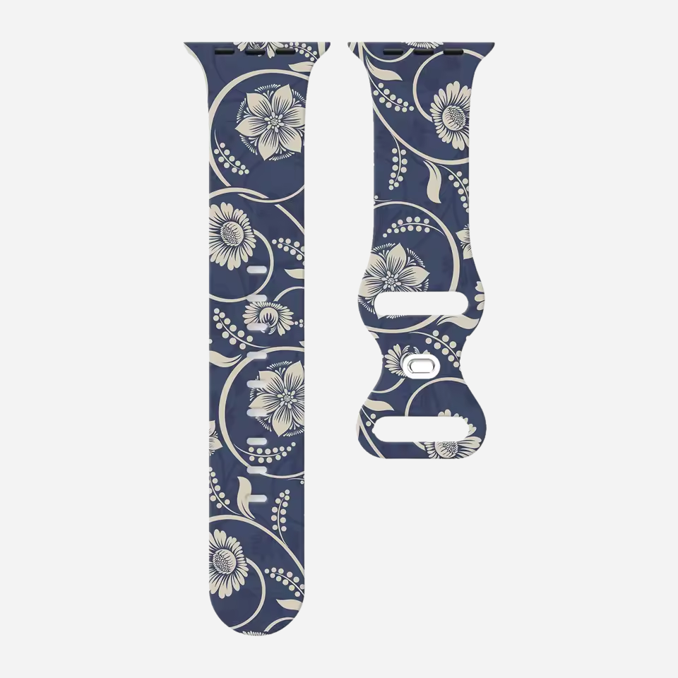 Apple Watch Armband im Porzellan-Stil – blau-weiß floral bedrucktes Silikonband – kompatibel mit Series 1–10, SE, Ultra, Ultra 2 – Größen 38–49 mm