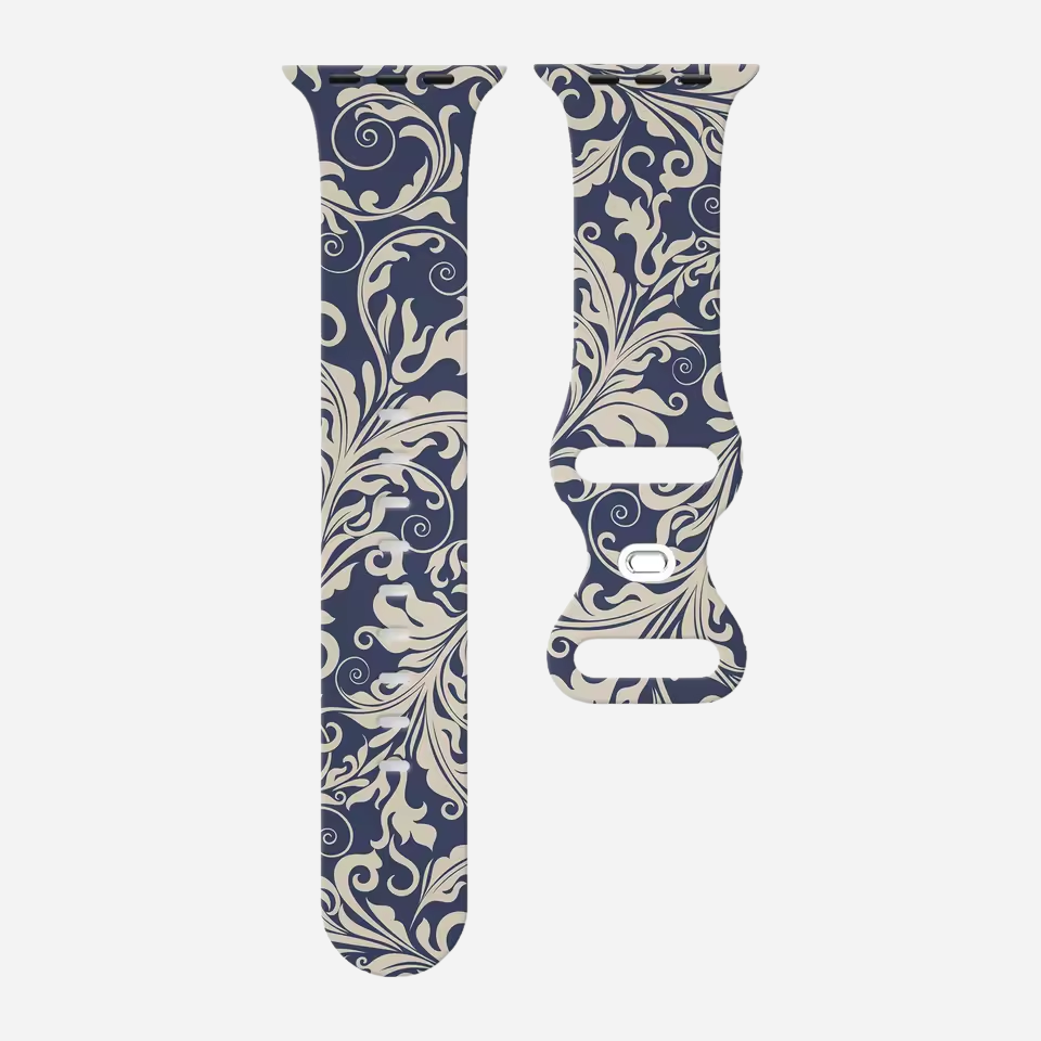 Apple Watch Armband im Porzellan-Stil – blau-weiß floral bedrucktes Silikonband – kompatibel mit Series 1–10, SE, Ultra, Ultra 2 – Größen 38–49 mm