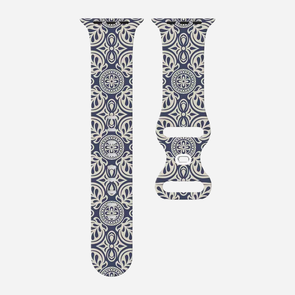 Apple Watch Armband im Porzellan-Stil – blau-weiß floral bedrucktes Silikonband – kompatibel mit Series 1–10, SE, Ultra, Ultra 2 – Größen 38–49 mm