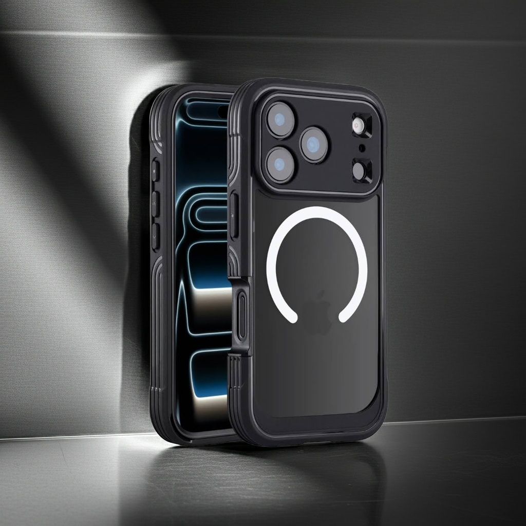 bandkult iPhone 17 Pro Max Defender Case – MagSafe, klare PC-Rückseite, TPU-Rahmen, Kameraschutz (Vorder- & Rückansicht)