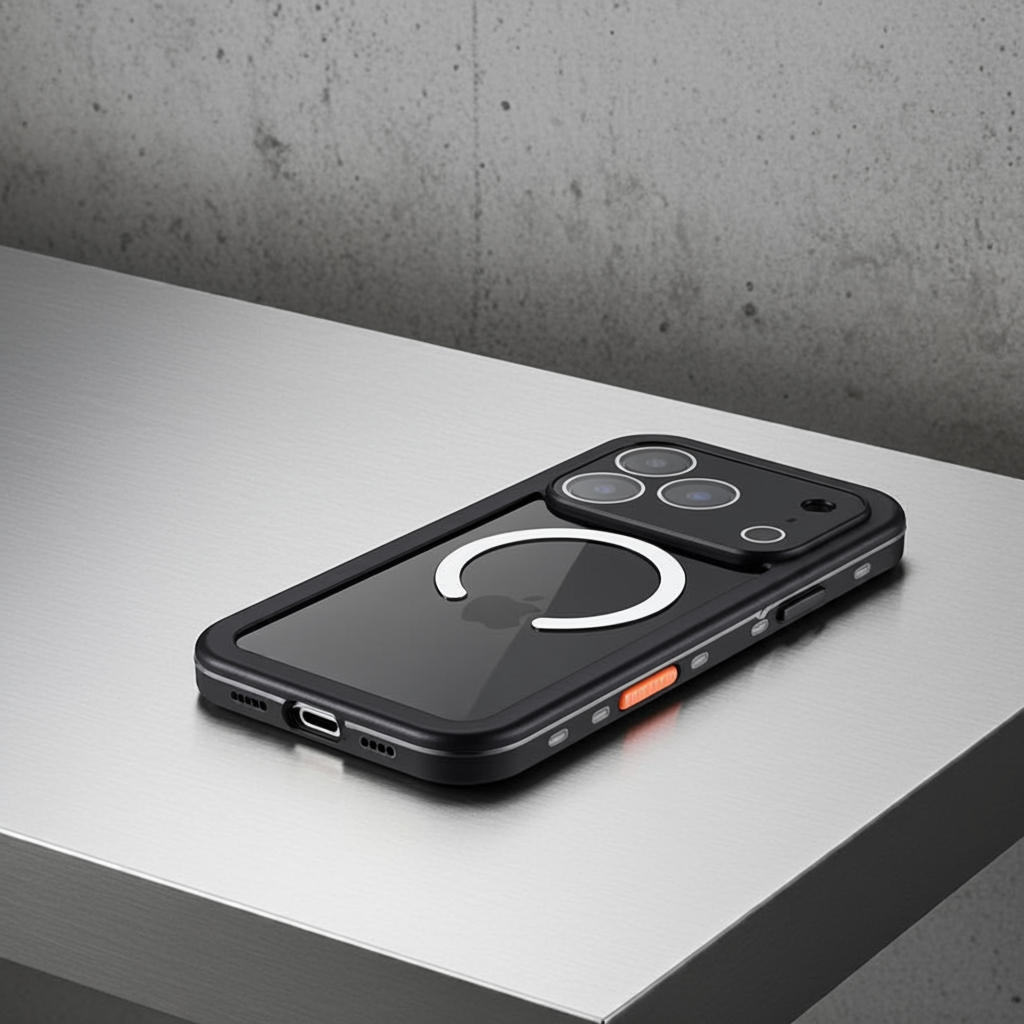Wasserdichtes Actioncase für iPhone 17 Pro Max – 360°-Schutz, IP68, MagSafe-Ring (Auf Tisch liegend)