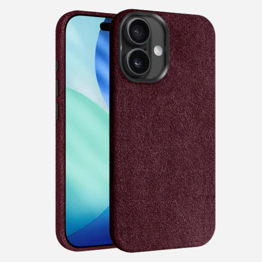 iPhone 17 Alcantara Hülle – elegante bordeauxrote Stoff-Schutzhülle mit Display- und Rückansicht