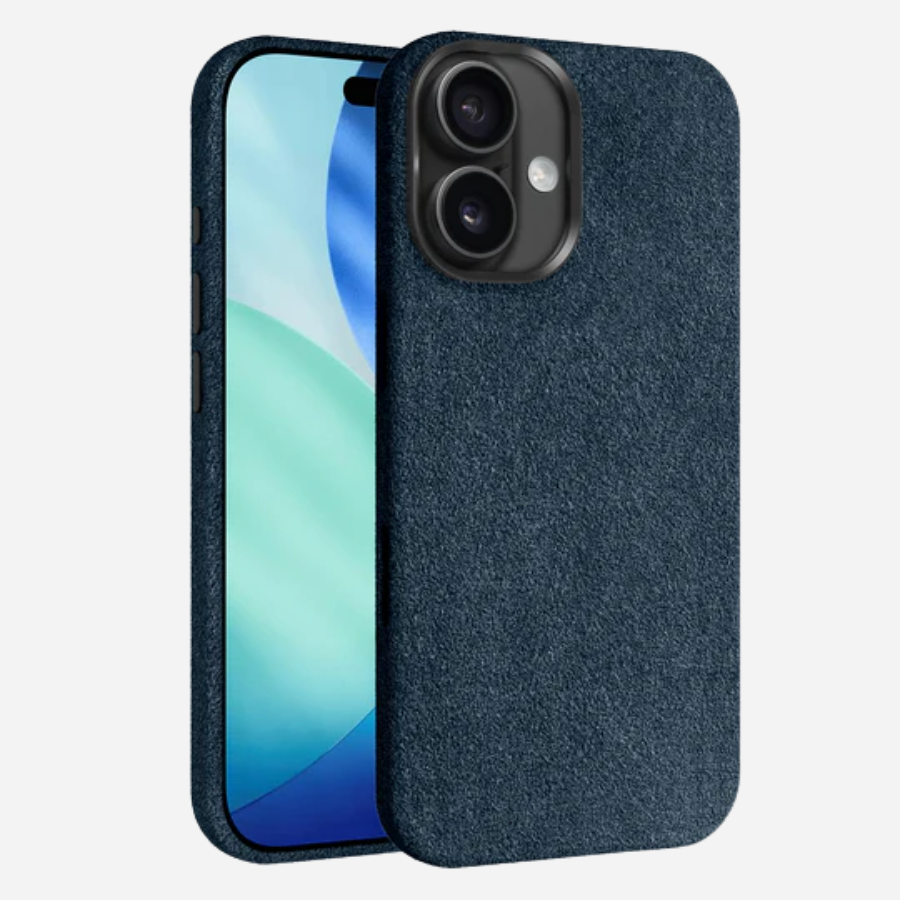 iPhone 17 Alcantara Hülle – hochwertige dunkelblaue Stoff-Schutzhülle mit Vorder- und Rückansicht