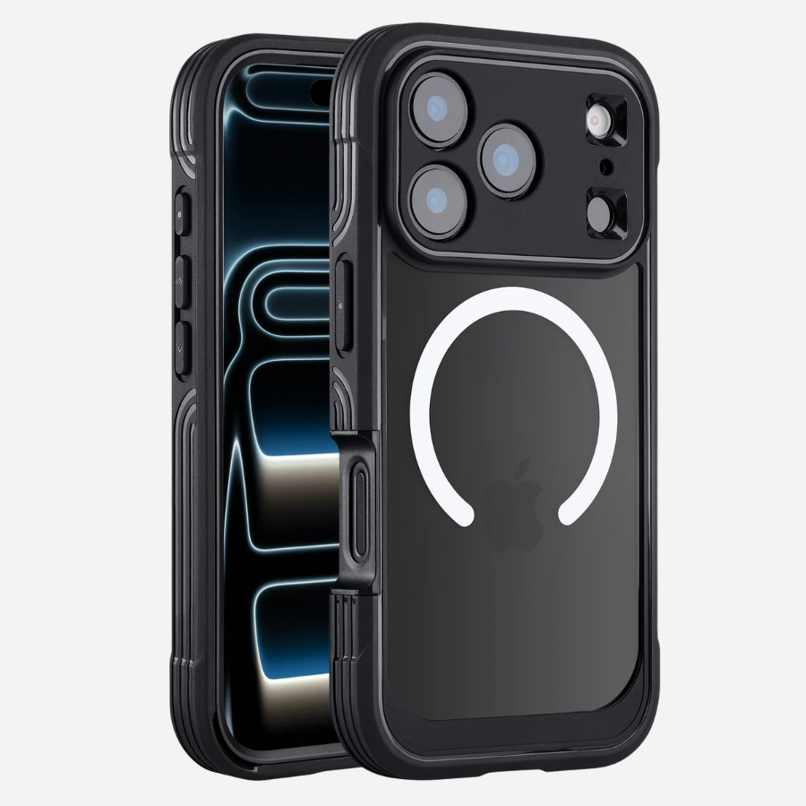 bandkult iPhone 17 Pro Max Defender Case – MagSafe, klare PC-Rückseite, TPU-Rahmen, Kameraschutz (Vorder- & Rückansicht)