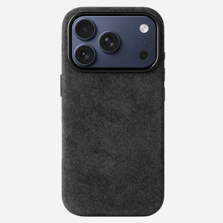 iPhone 17 Pro Hülle aus Alcantara® in Schwarz – Vorder- und Rückansicht
