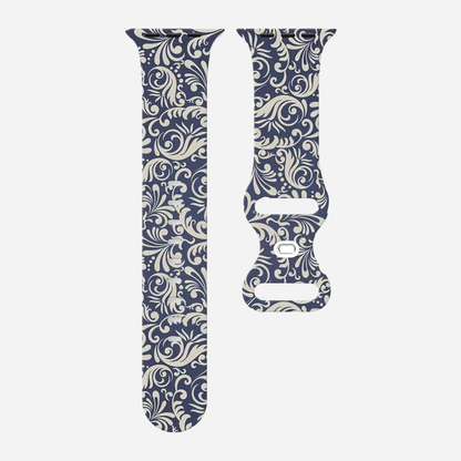 Apple Watch Armband im Porzellan-Stil – blau-weiß floral bedrucktes Silikonband – kompatibel mit Series 1–10, SE, Ultra, Ultra 2 – Größen 38–49 mm