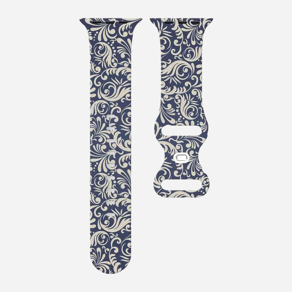 Apple Watch Armband im Porzellan-Stil – blau-weiß floral bedrucktes Silikonband – kompatibel mit Series 1–10, SE, Ultra, Ultra 2 – Größen 38–49 mm