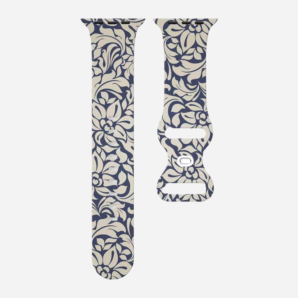 Apple Watch Armband im Porzellan-Stil – blau-weiß floral bedrucktes Silikonband – kompatibel mit Series 1–10, SE, Ultra, Ultra 2 – Größen 38–49 mm
