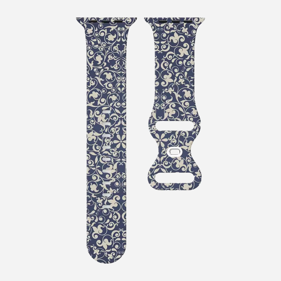 Apple Watch Armband im Porzellan-Stil – blau-weiß floral bedrucktes Silikonband – kompatibel mit Series 1–10, SE, Ultra, Ultra 2 – Größen 38–49 mm