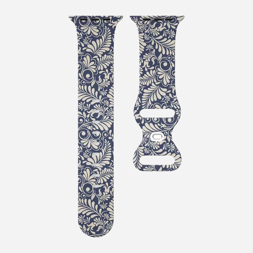 Apple Watch Armband im Porzellan-Stil – blau-weiß floral bedrucktes Silikonband – kompatibel mit Series 1–10, SE, Ultra, Ultra 2 – Größen 38–49 mm