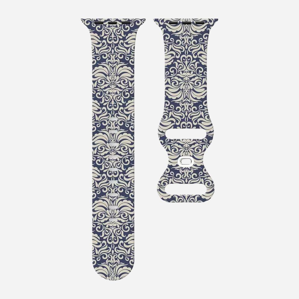 Apple Watch Armband im Porzellan-Stil – blau-weiß floral bedrucktes Silikonband – kompatibel mit Series 1–10, SE, Ultra, Ultra 2 – Größen 38–49 mm