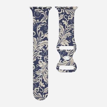 Apple Watch Armband im Porzellan-Stil – blau-weiß floral bedrucktes Silikonband – kompatibel mit Series 1–10, SE, Ultra, Ultra 2 – Größen 38–49 mm