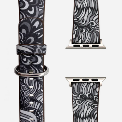 Hippie Kunstleder Armband für Apple Watch in Schwarz-Weiß mit floralem Muster – kompatibel mit Series 1–10, SE, Ultra & Ultra 2