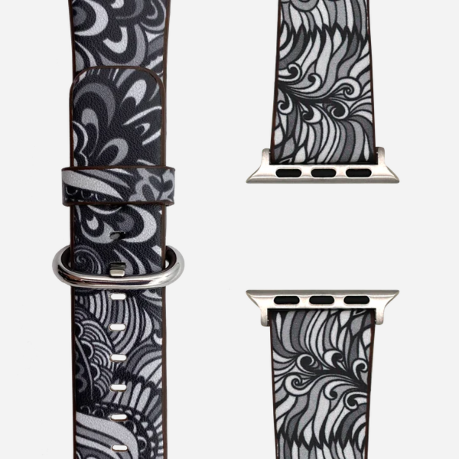 Hippie Kunstleder Armband für Apple Watch in Schwarz-Weiß mit floralem Muster – kompatibel mit Series 1–10, SE, Ultra & Ultra 2