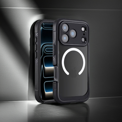 bandkult iPhone 17 Pro Max Defender Case – MagSafe, klare PC-Rückseite, TPU-Rahmen, Kameraschutz (Vorder- & Rückansicht)