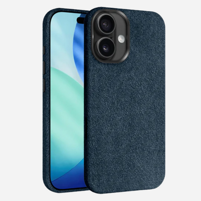 iPhone 17 Alcantara Hülle – hochwertige dunkelblaue Stoff-Schutzhülle mit Vorder- und Rückansicht