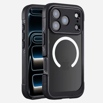 bandkult iPhone 17 Pro Max Defender Case – MagSafe, klare PC-Rückseite, TPU-Rahmen, Kameraschutz (Vorder- & Rückansicht)