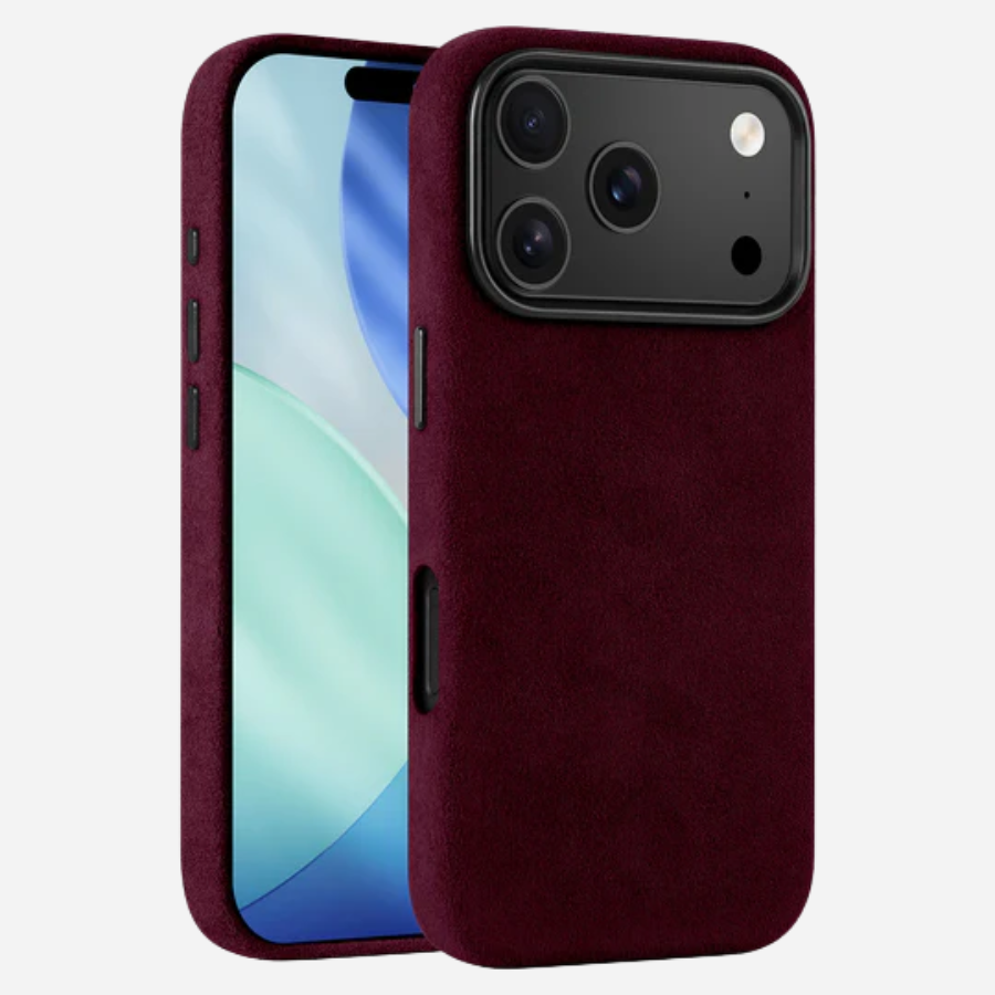 iPhone 17 Pro Max Alcantara® Case in Bordeaux – Vorder- und Rückseite im Detail