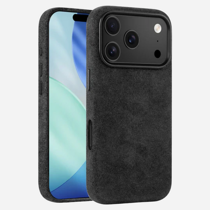 iPhone 17 Pro Max Hülle aus Alcantara® in Schwarz – Vorder- und Rückansicht