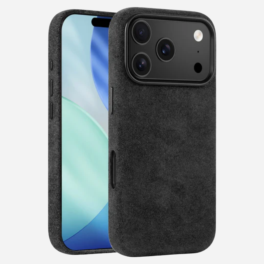 iPhone 17 Pro Max Hülle aus Alcantara® in Schwarz – Vorder- und Rückansicht