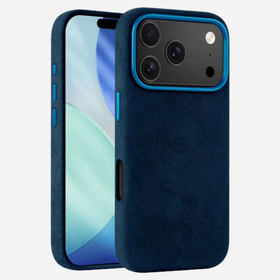 iPhone 17 Pro Max Alcantara® Case in Blau – Vorderansicht und Rückansicht kombiniert