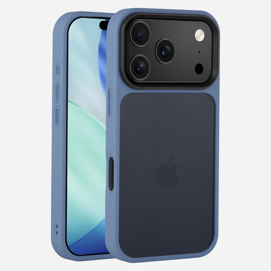 iPhone 17 Pro Max mit Bandkult Solid Case in Blau – Vorder- und Rückansicht mit erhöhtem Kameraschutz.