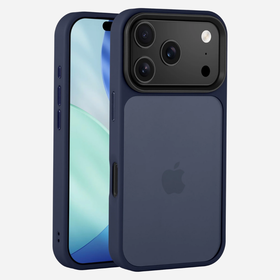 iPhone 17 Pro Max mit Bandkult Solid Case in Dunkelblau – Vorder- und Rückansicht mit erhöhtem Kameraschutz.