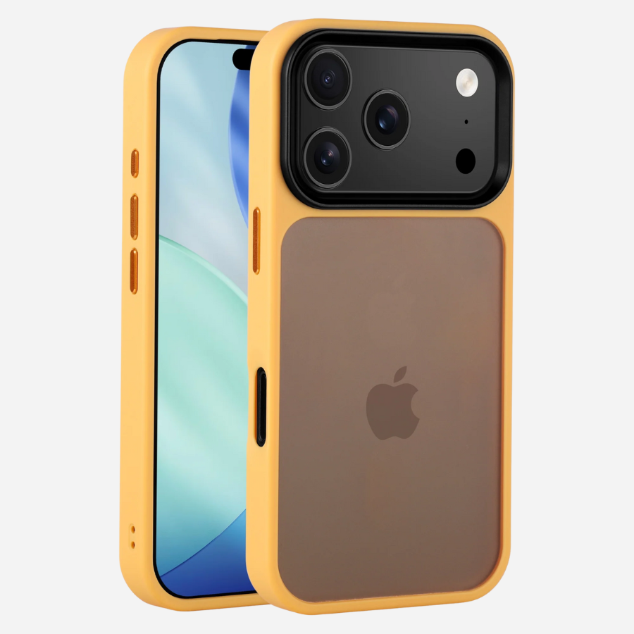 iPhone 17 Pro Max mit Bandkult Solid Case in Gelb – Vorder- und Rückansicht mit erhöhtem Kameraschutz.