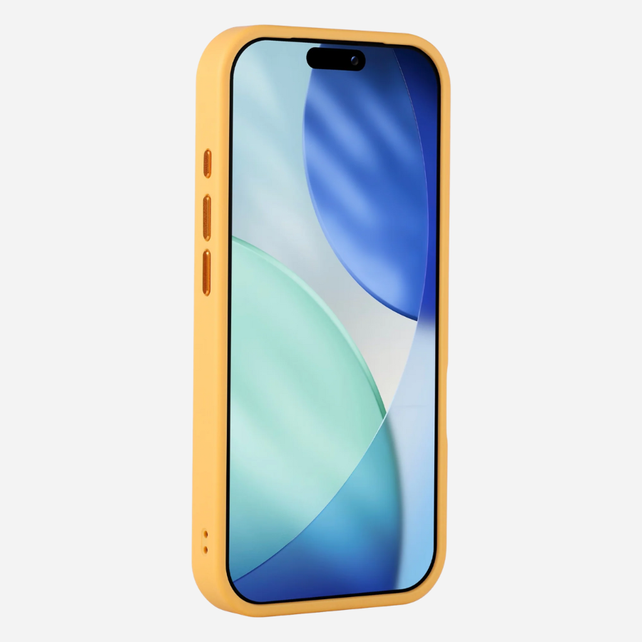 Schräg vorn: iPhone 17 Pro Max im gelben Bandkult Solid Case, erhöhter Displayrand für zusätzlichen Schutz.
