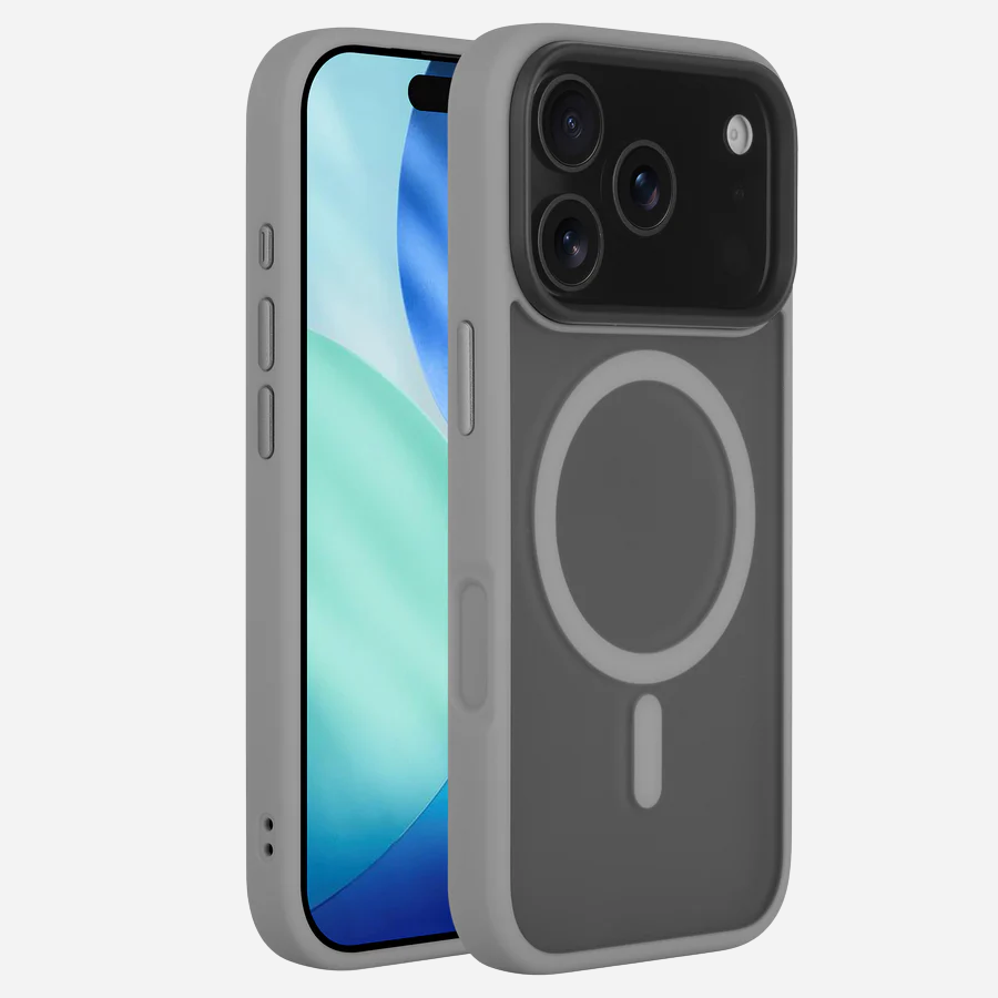 iPhone 17 Pro Max mit Bandkult Solid Case in Grau – Vorder- und Rückansicht mit erhöhtem Kameraschutz.