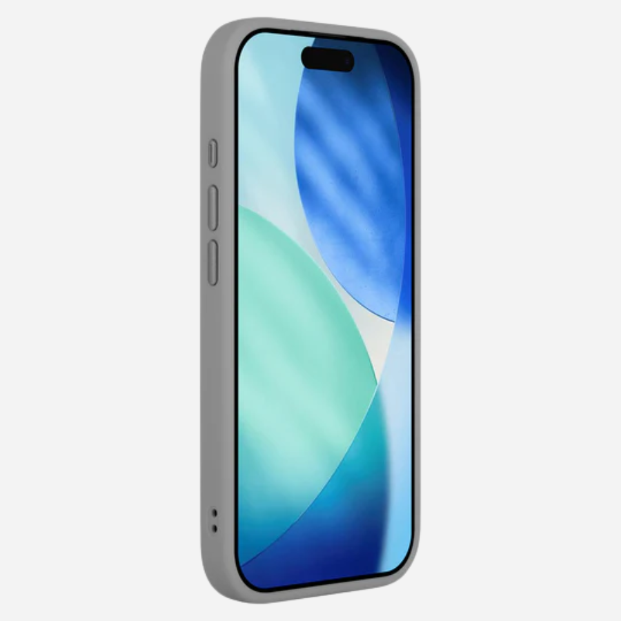 Schräg vorn: iPhone 17 Pro Max im grauen Bandkult Solid Case, erhöhter Displayrand für zusätzlichen Schutz.