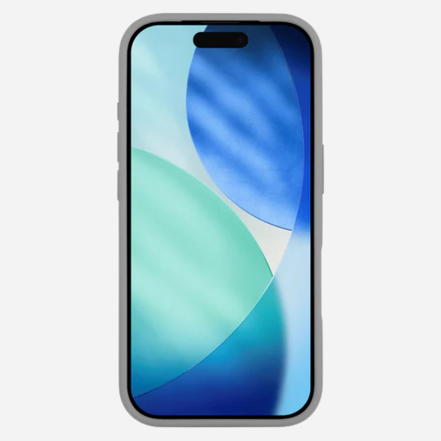 Vorn: iPhone 17 Pro Max im grauen Bandkult Solid Case, erhöhter Displayrand für zusätzlichen Schutz.