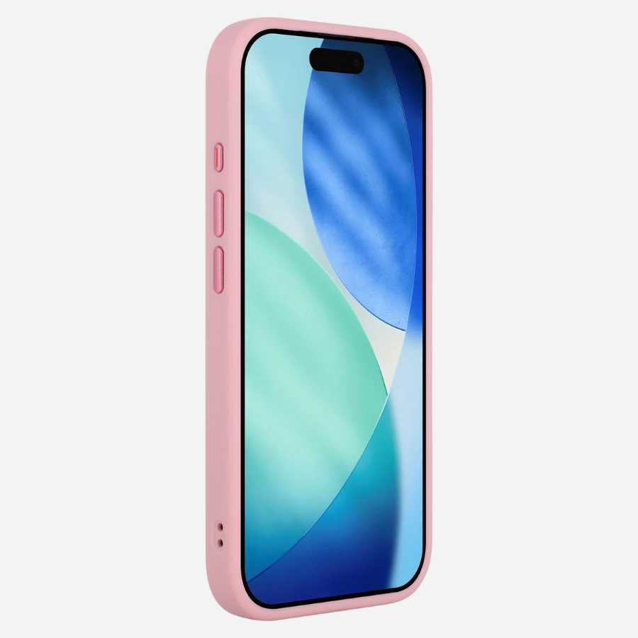 Schräg vorn: iPhone 17 Pro Max im pinken Bandkult Solid Case, erhöhter Displayrand für zusätzlichen Schutz.
