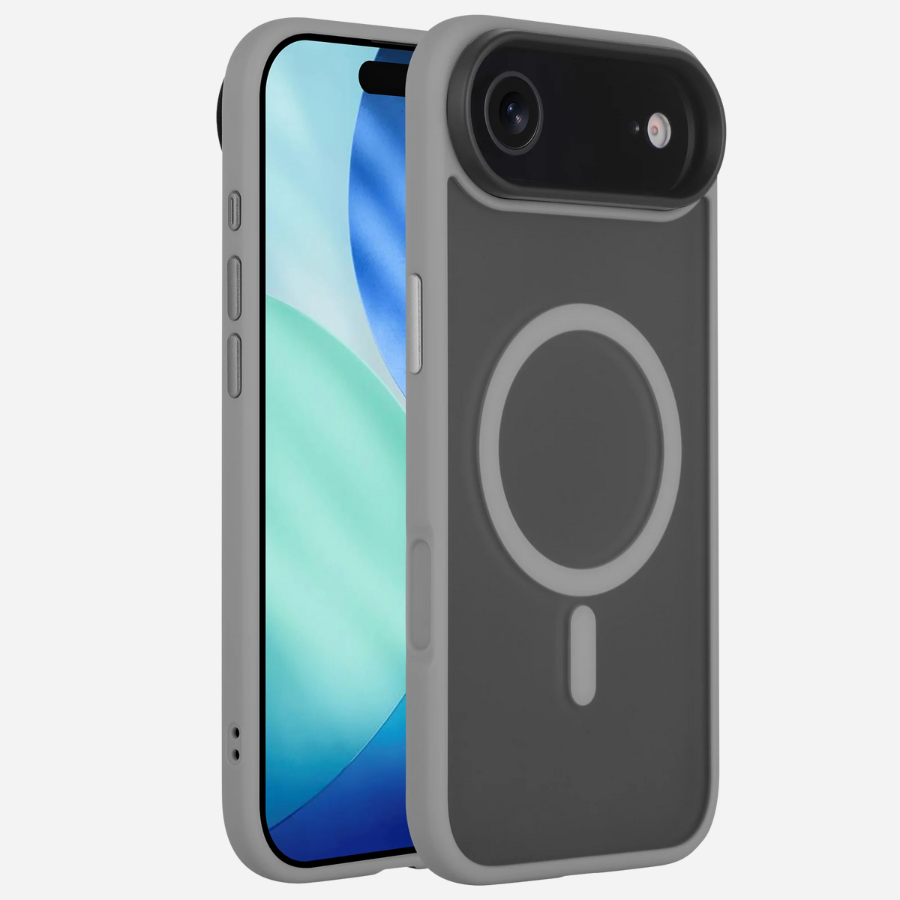 Bandkult iPhone Air Hülle Grau – Setaufnahme von Vorder- und Rückseite; grauer Rahmen, dunkle Rückseite mit MagSafe-Ring, Kameraschutz.