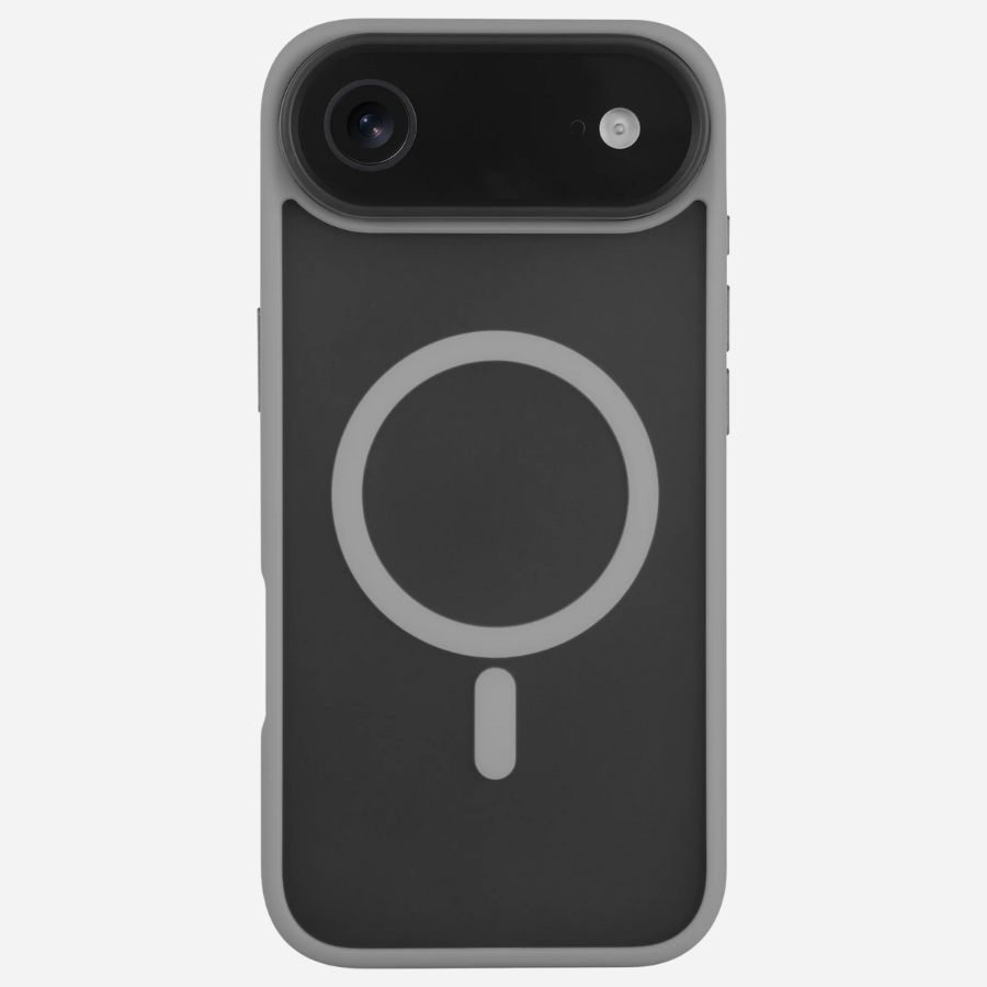 Bandkult iPhone Air Hülle Grau – Rückansicht mit dunklem PC-Rücken und zentralem MagSafe-Ring; Kameraleiste oben.