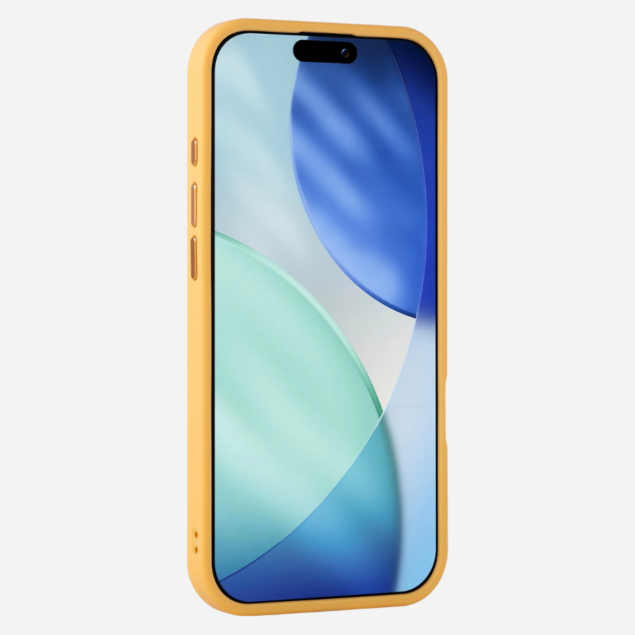 Bandkult iPhone Hülle, mattes Solid Case in Gelb – schräger Frontblick mit schlankem TPU-Rahmen, erhöhtem Displayschutz, Metall-Buttons.