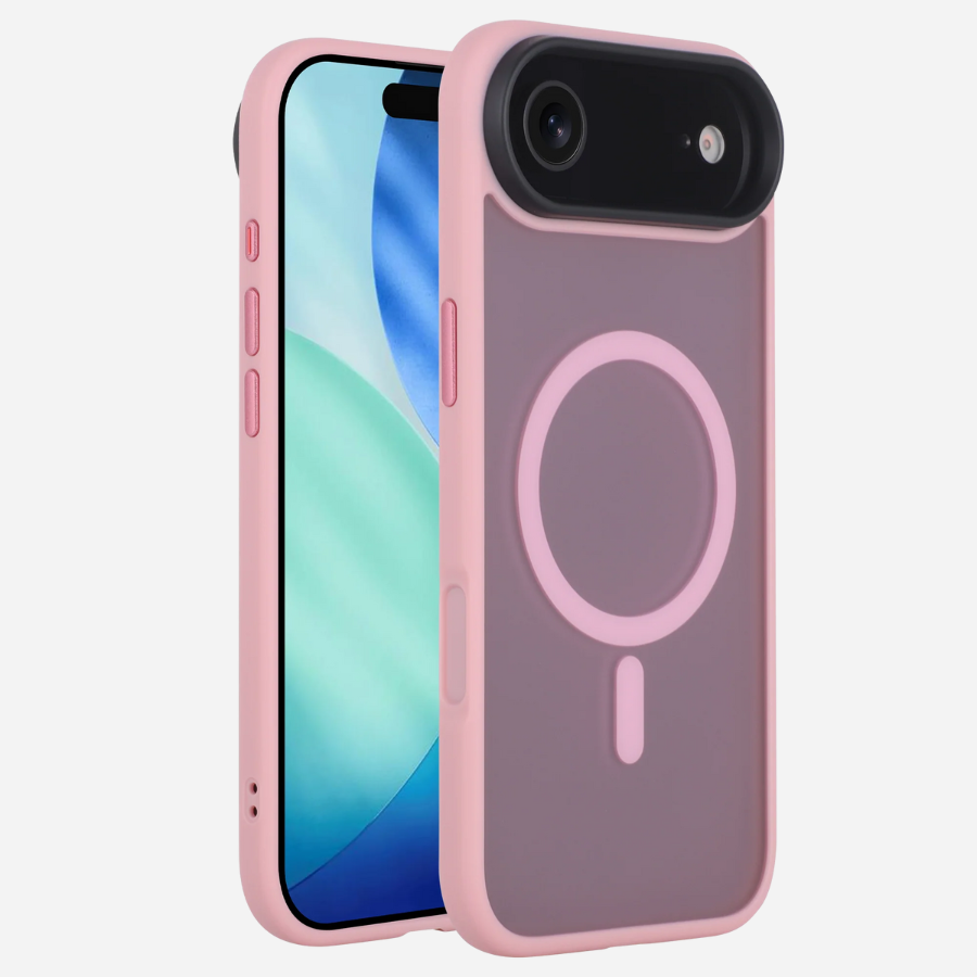 Bandkult iPhone Hülle in Rosa – Setaufnahme von Front und Rückseite; TPU-Rahmen, Metall-Buttons, MagSafe-Ring und präzise Aussparungen.