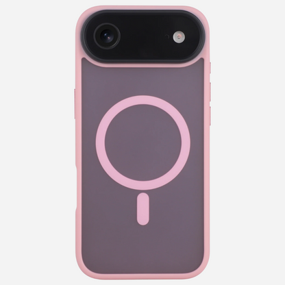Bandkult iPhone Hülle, mattes Solid Case in Rosa – Rückseite mit grauem PC-Back, zentralem MagSafe-Ring und verstärktem Kameraschutz.