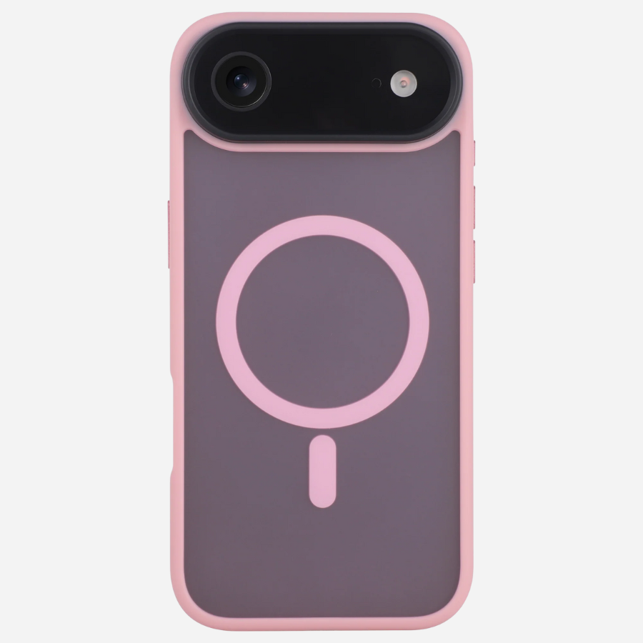 Bandkult iPhone Hülle, mattes Solid Case in Rosa – Rückseite mit grauem PC-Back, zentralem MagSafe-Ring und verstärktem Kameraschutz.