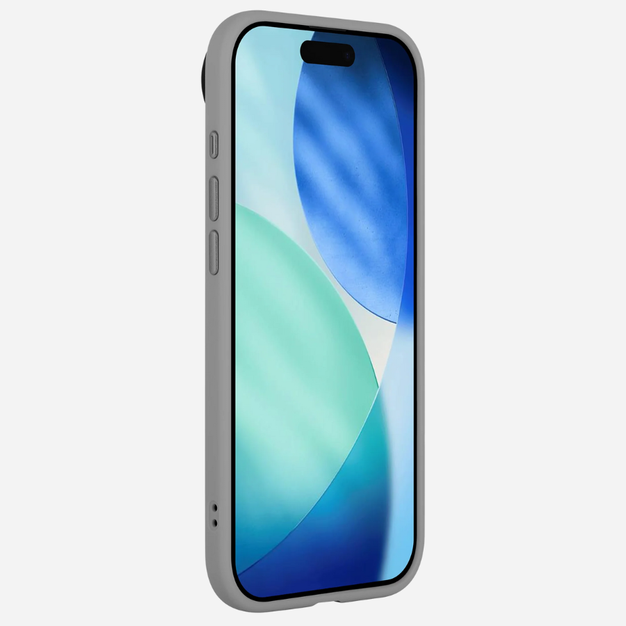 Bandkult iPhone Air Hülle Grau – schräger Frontblick mit schlankem TPU-Rahmen, erhöhtem Displayrand und präzisen Aussparungen.