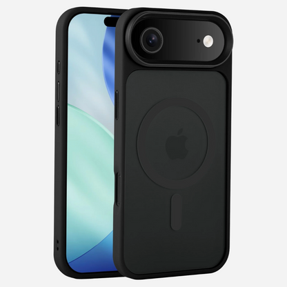 Bandkult iPhone Air Hülle Schwarz – Setaufnahme von Vorder- und Rückseite; matte Rückseite mit MagSafe-Ring, schlanker Rahmen.