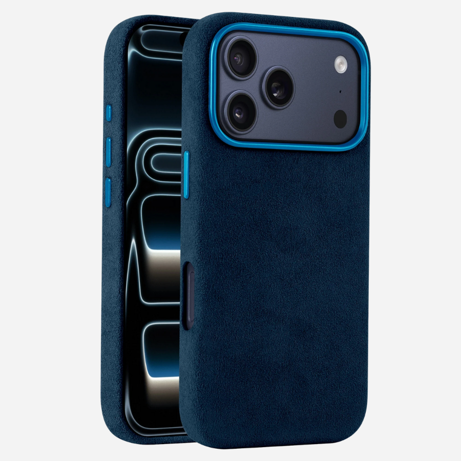 iPhone 17 Pro Alcantara® Case in Blau – Vorderansicht und Rückansicht kombiniert